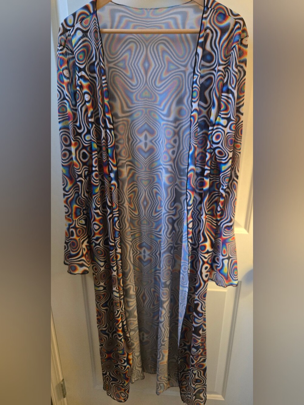 Long Open-Front Sheer Duster in Multicolour Swirl Print | OS